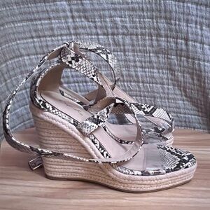 Qupid Black and Cream Snakeskin Wedges